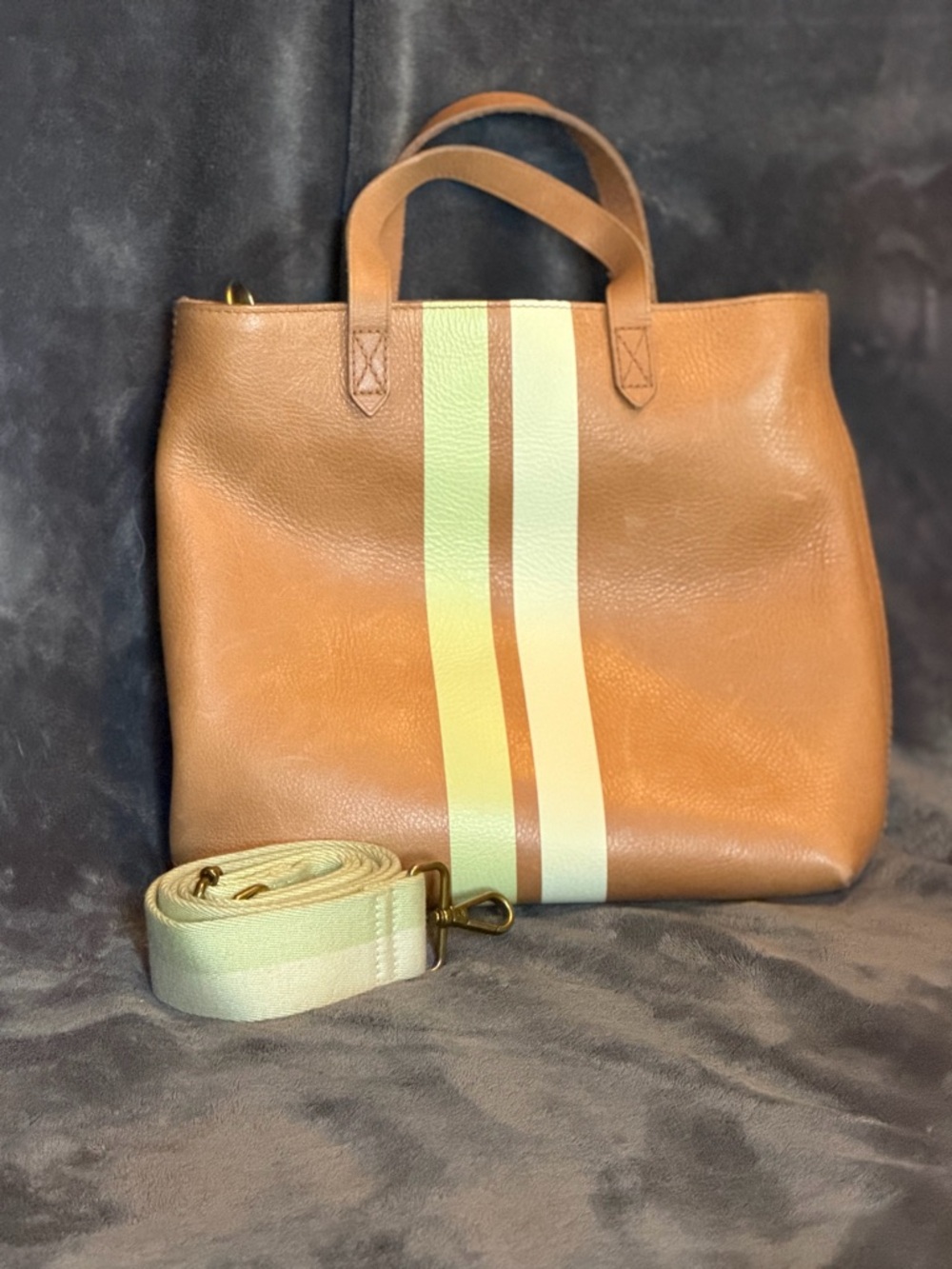 Madewell Tan Leather Tote with Cream Center Stripe
